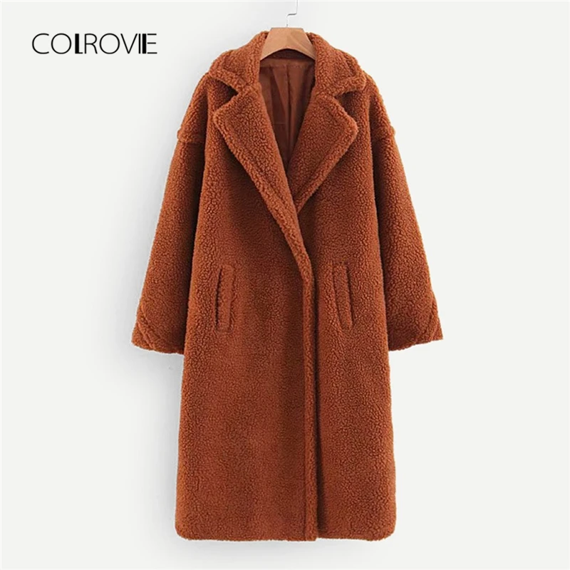 COLROVIE Brown Solid Pocket Open Front Casual Teddy Coat Women Autumn Fashion Warm Long Coat Office Ladies Elegant Outwear