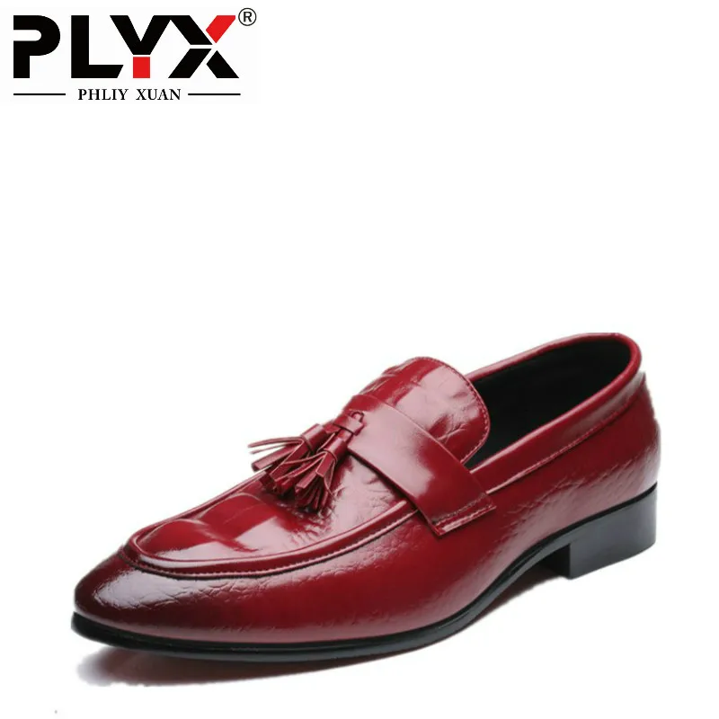 PHLIY XUAN New 2018 Fashion Men Wedding Shoes Red Leather Peas Shoes Oxfords For Men Big Size 37-48 Men Flat Dress Shoes