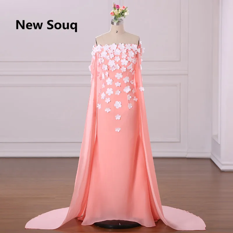 

Summer Chiffon Mermaid Evening Dresses With Long Cape Boat Neck Muslim Saudi Arabic Prom Dress Mother Of The Bride Dresses