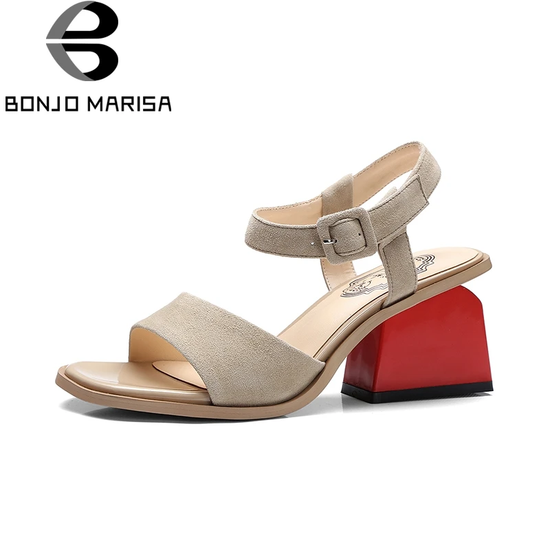 

BONJOMARISA 2019 Brand New Plus Size 33-42 Kid Suede Genuine Leather Women Shoes High Heel Office Summer Sandals Women