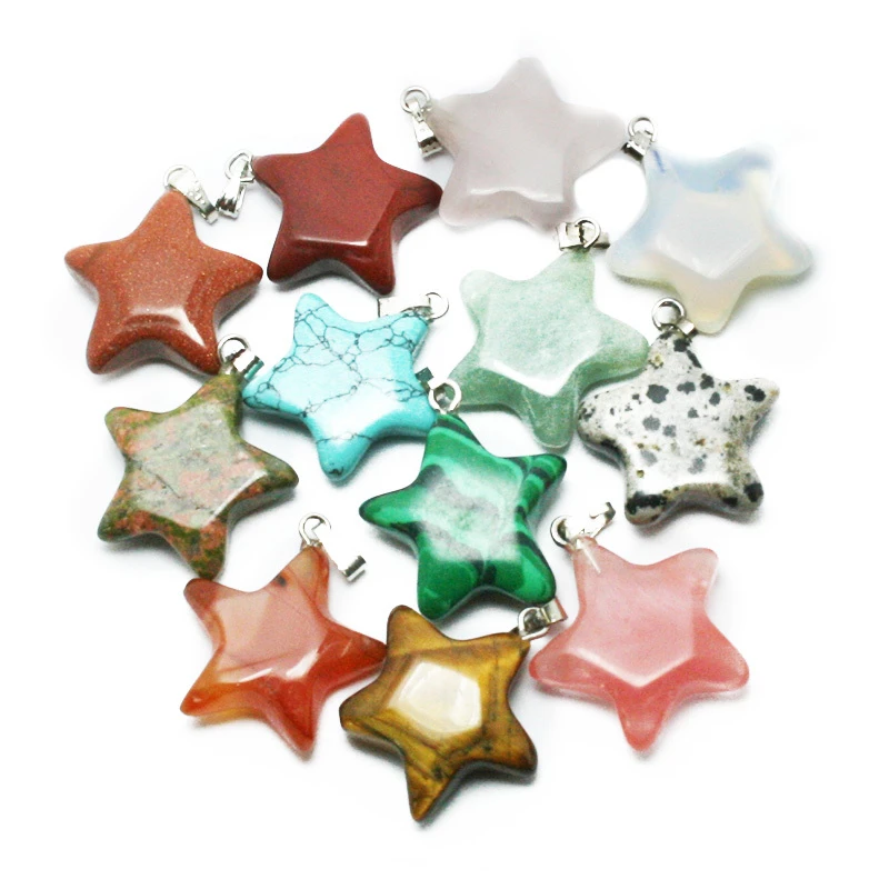 12 Piece Wholesale Lot Natural Stone Star Shape Pendants for DIY Jewelry Making Gemstone Beads for Necklace Quartz Turquoise Amethyst Etc