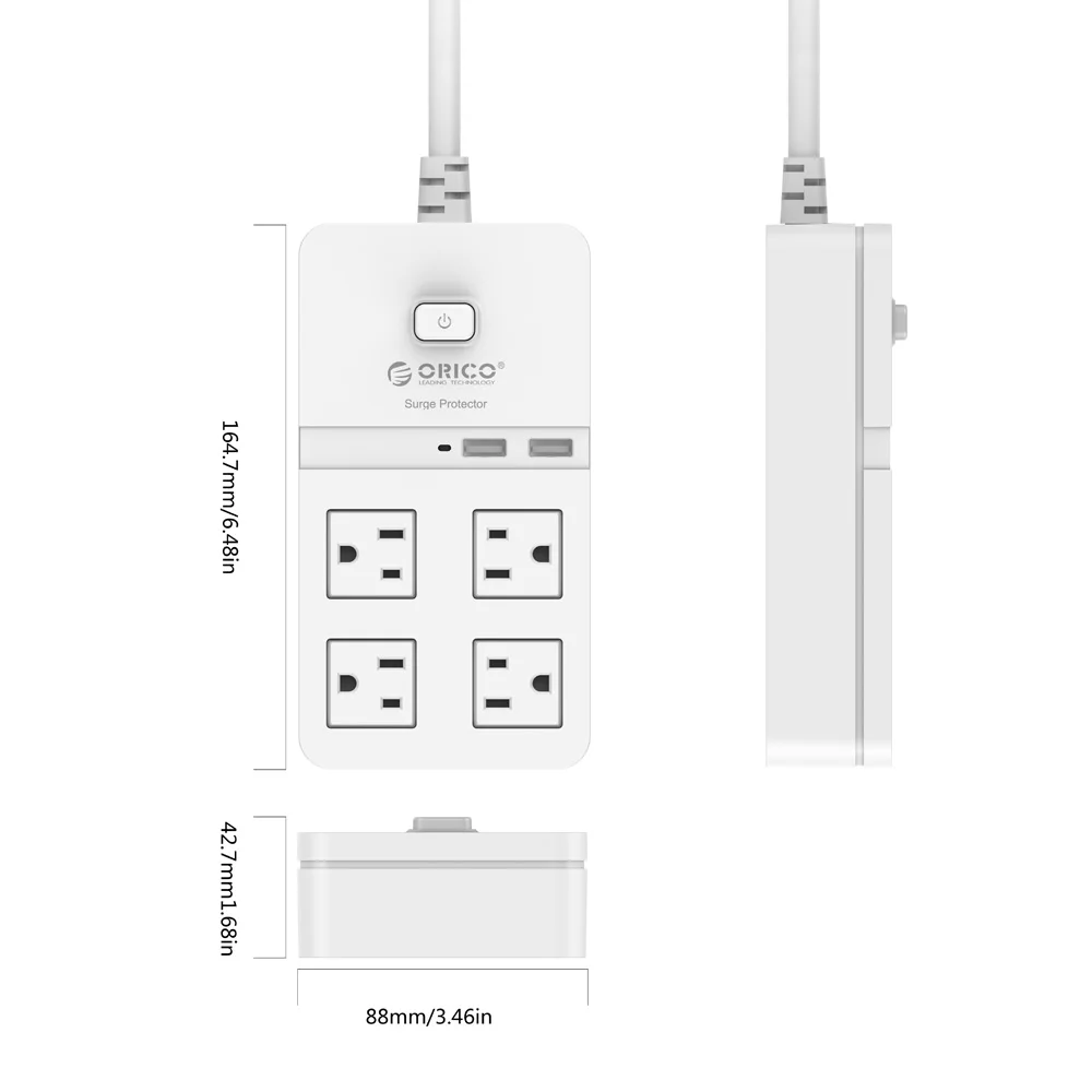 ORICO US Plug power Strip 4, 8, 10 розетки переменного тока, электрические розетки, защита от перенапряжения, удлинитель, вилка США, розетки, 2 порта, USB, смарт-зарядное устройство