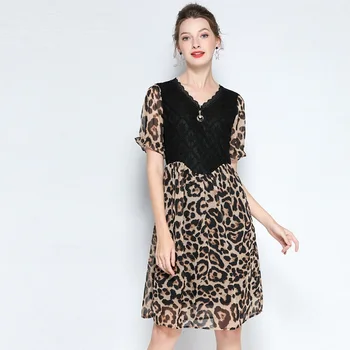 

2019 Summer Fashion female leopard printed midi Dress V neck Elegant A-line Dress contrast color casual vestidos plus size 5XL