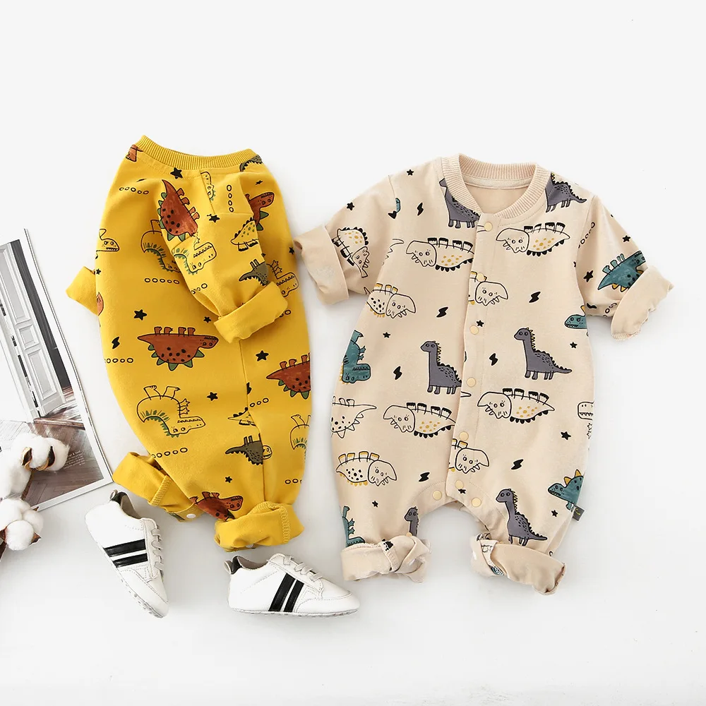 

Toddler Boys Kids Print Dinosaur Cute Cartoons Beige Yellow Color Rompers Lovely Child Baby Spring Autumn Fashion Clothes Romper