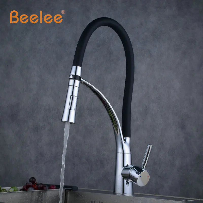 Beelee Kitchen Faucet Pull Out Chrome Cast Black Color 360 Degree Rotating Cold And Hot LED