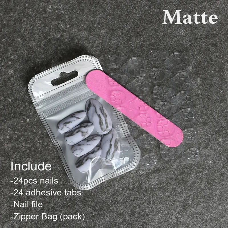 Мраморные матовые ногти на шпильках с натуральной текстурой, белые Средние накладные ногти, глянцевые накладные ногти с точечным кончиком, высокое качество, 24 шт, полный набор - Цвет: Matte2