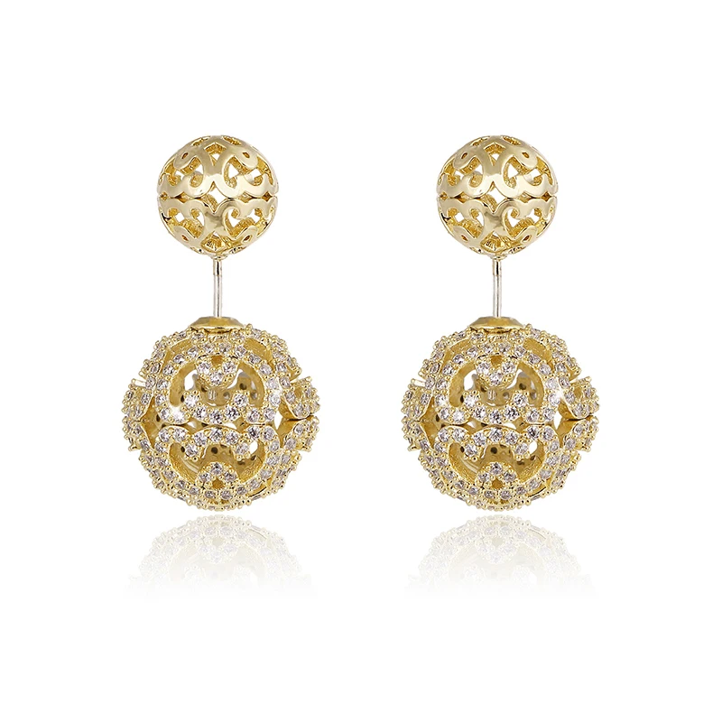 

XIUMEIYIZU Luxury Gold Tone Micro Pave Cubic Zirconia Hollow out Flower Ball Double Sided Stud Earrings for Women