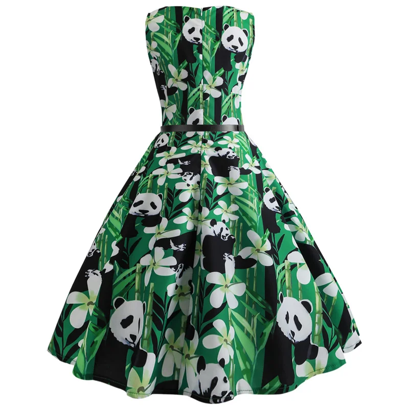 Kostlich O-Neck Butterfly Panda Print Dresses Summer Hepburn Vintage Dress Women Big Swing Dress Plus Size S-2XL With Sashes (11)