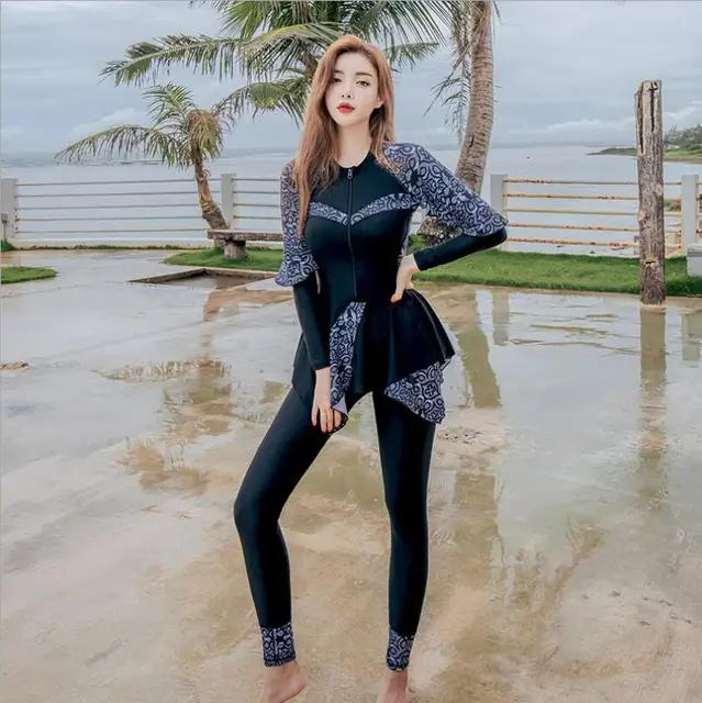 Plus size long sleeve swim dress for women 2019 Modest two pieces tankini swimsuit with pants