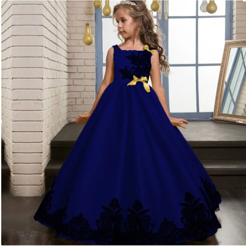 Ruthshen/, г. детские платья принцессы с цветочным рисунком для девочек на свадьбу с аппликацией и бантом, Детские бальные платья длиной до пола - Цвет: picture blue