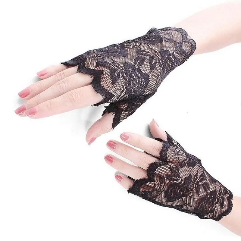 

Fashion Sexy Summer Female Sunscreen Fingerless Short Lace Gloves Women Driving Rose Flowers Pattern Etiquette Sun Gloves L18
