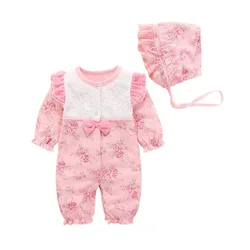 Fashion baby girl jumpsuit + lace hat floral pattern baby girl onesies baby girl high quality cotton newborn bodysuit 2019 Fashion baby girl jumpsuit + lace hat floral pattern baby girl onesies baby girl high quality cotton newborn bodysuit 2019