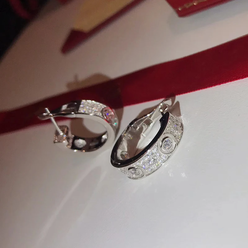 

Hot Brand Pure 925 Sterling Silver For Women Full Stone Earrings Love Wedding Party Round Screw-Back Earrings Silver Jewelry