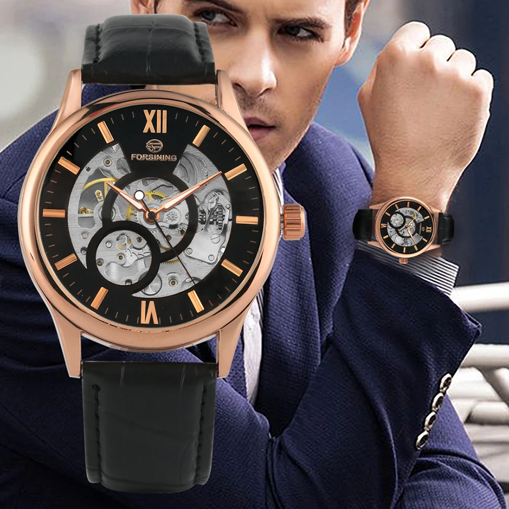Мужские часы с выдолбленным циферблатом с ручным заводом механические часы из нержавеющей стали со скелетом с кожаным ремешком светящиеся функциональные наручные часы