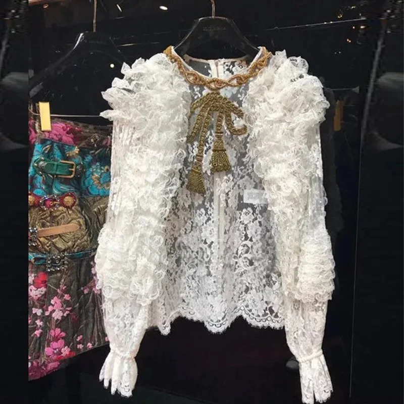 Зимняя дизайнерская женская белая кружевная блузка, рубашка, элегантная роскошная женская однотонная блузка с бантом, топы, одежда