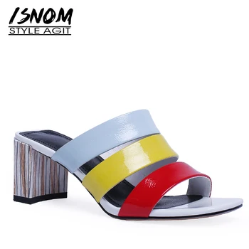 

ISNOM Patent Pu Slippers Woman Pointed Toe Footwear Stripe Heels High Slides Shoes Female Fashion Color Mules Shoes Women Summer