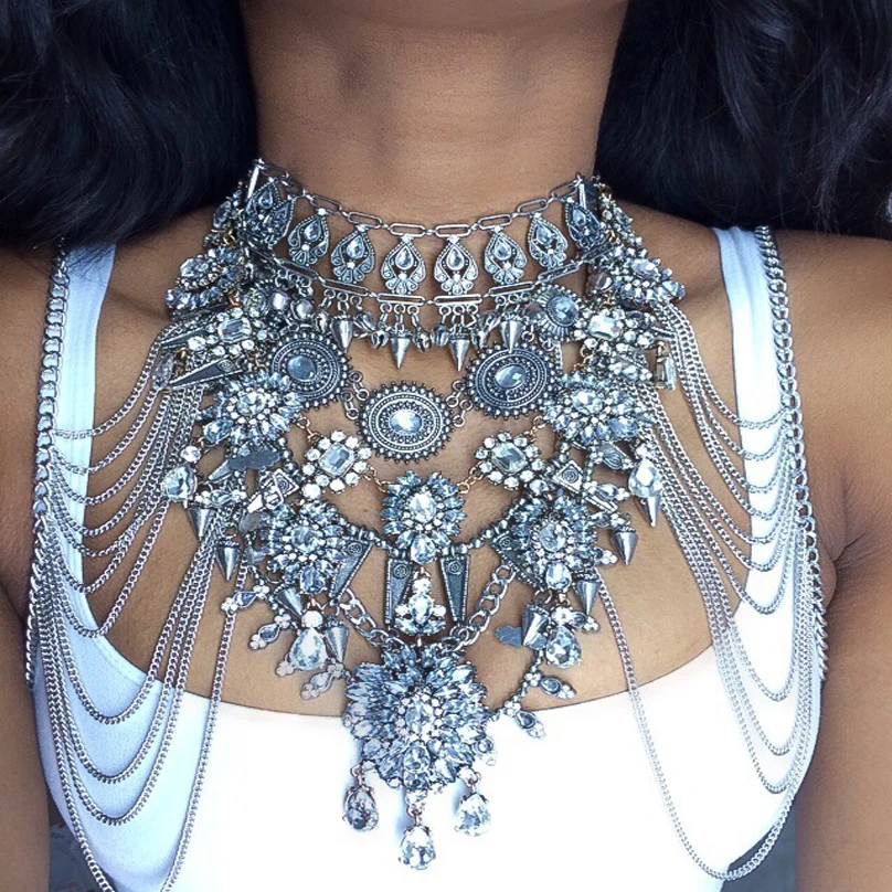Ladyfirst Sexy DIY Gem Summer Body Chain Luxury Chunky Metal Flower Necklace pendant Femme Statement Instagram
