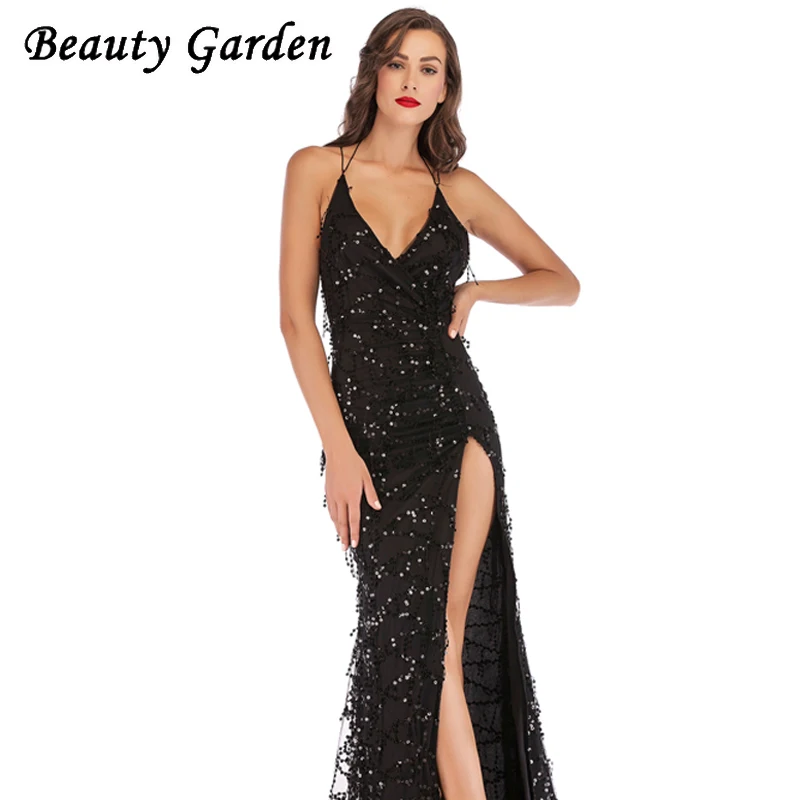 Beauty Garden Solid Sequined Dress Splitting Sexy Club Long Dress For Women Sleeveless V-Neck Floor-Length Dress Beauty Garden Solid Sequined Dress Splitting Sexy Club Long Dress For Women Sleeveless V-Neck Floor-Length Dress