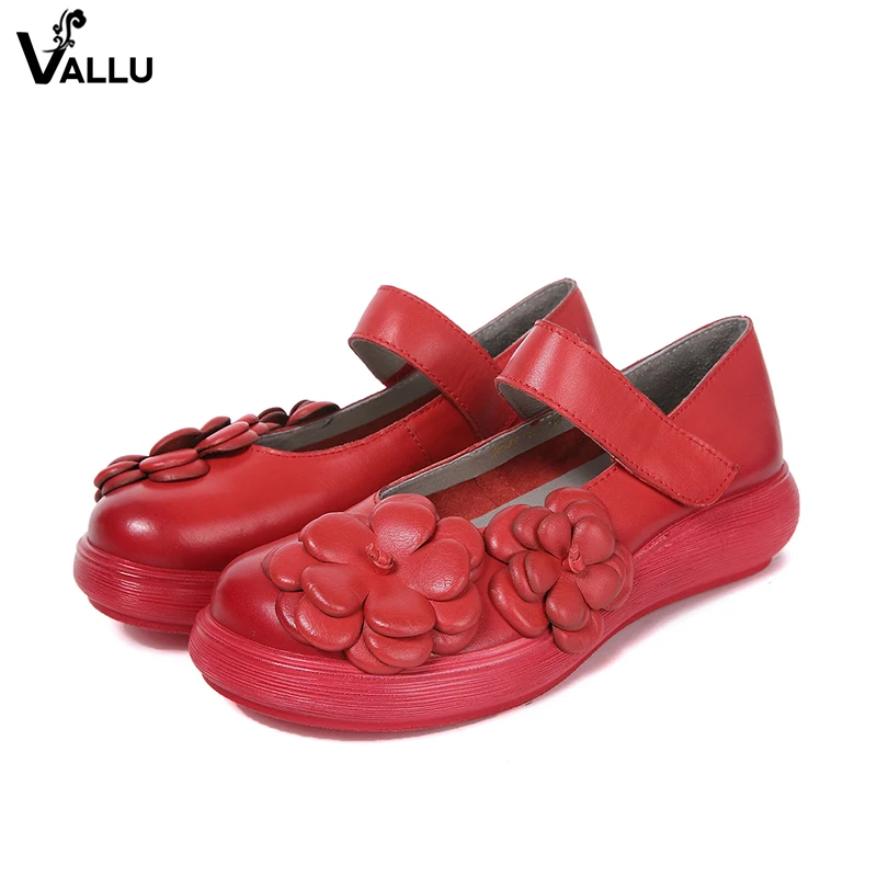 

Double Floral Flat Shoes Woman Genuine Leather VALLU Lady Flats Round Toe Cross Strap Magic Tape Female Platform Shoes