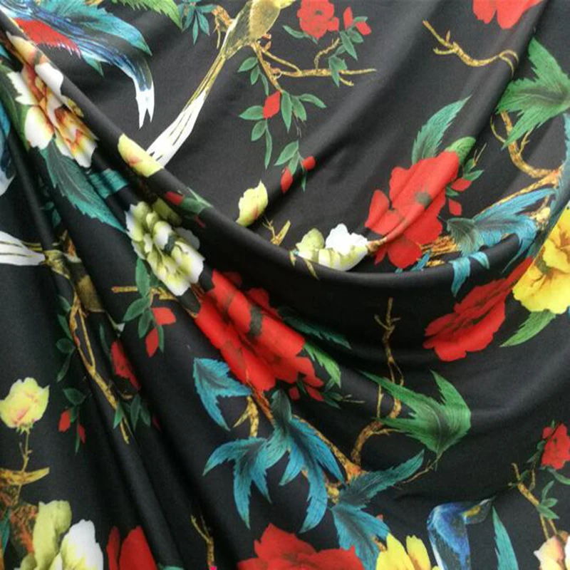 黑色底玫瑰花朵 小鸟 印花布料 拉丁舞服 泳衣1=800