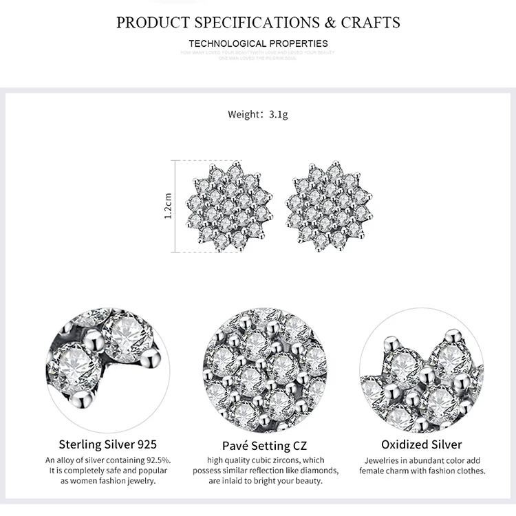 BAMOER Новое поступление 925 пробы серебряные ослепительные CZ снежинки серьги гвоздики для женщин Brincos хорошее ювелирное изделие SCE091