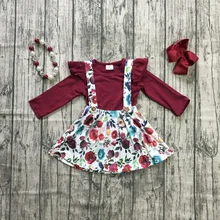 Осенне-зимняя одежда для маленьких девочек, хлопковый топ с лямкой на шее, винно-Бордовое платье на бретелях с цветочным рисунком, изысканные оборки, длинный рукав, подходящие аксессуары