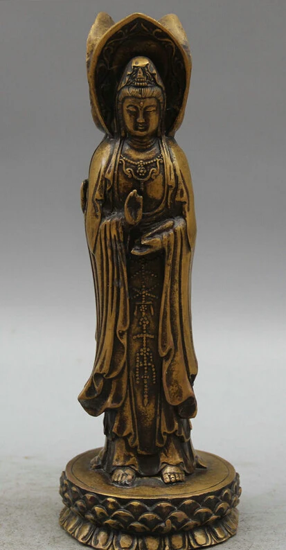 

song voge gem S5899 10" Chinese Copper Stand Iotue three sides Kwan-yin Guan Yin Boddhisattva Statue