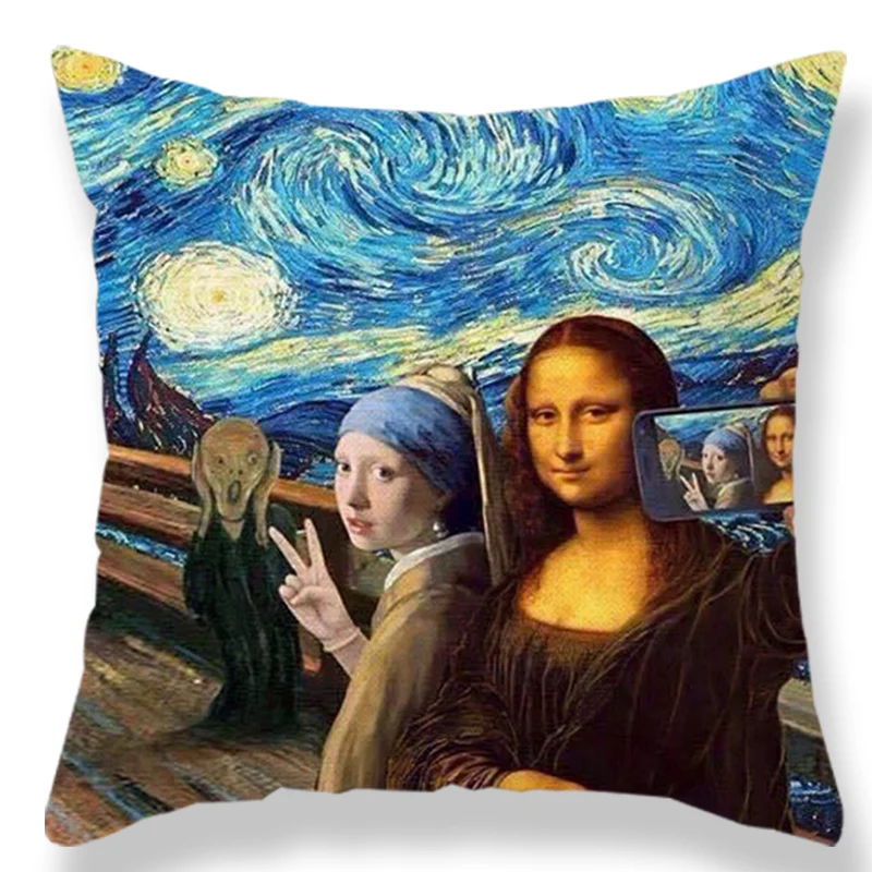 

Van Gogh Oil Painting Style Cotton Linen Cushion Cover 45x45cm Mona Lisa Pillow Case For Sofa Car Chair Gift Cojines