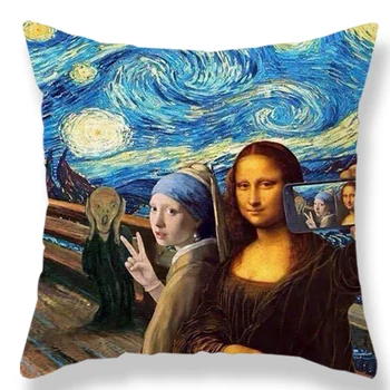 

Van Gogh Oil Painting Style Cotton Linen Cushion Cover 45x45cm Mona Lisa Pillow Case For Sofa Car Chair Gift Cojines