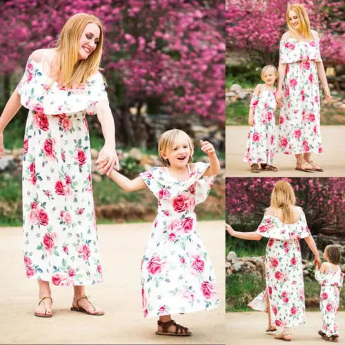 

New Summer Family Match Floral Dress Mother Daughter Off Shoulder Boho Maxi Dress Women Kid Girls Sundress Casual Family Clothes