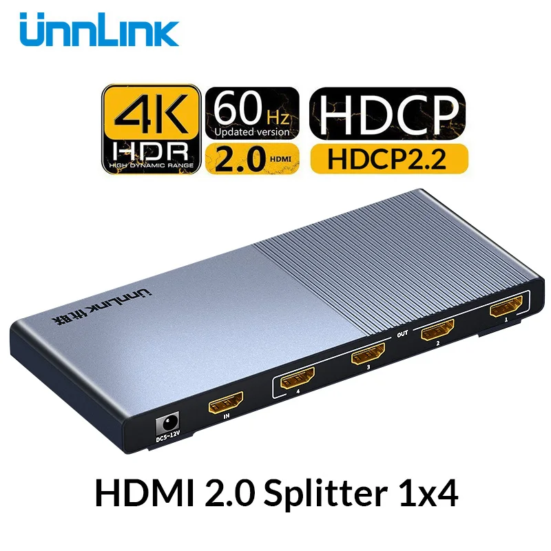 Unnlink HDMI Splitter 1X4 HDMI2.0 UHD 4K@60HZ 4:4:4 HDR HDCP 2.2 18Gbp 3D for LED Smart tv mi box p