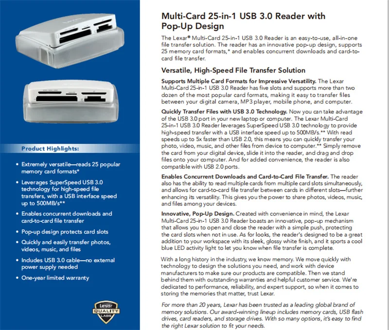 Новинка! Lexar 25 в 1 USB 3,0 мультикардридер, высокая скорость! 500 м/с кард-ридер USB 3,0 порт 5 Solts