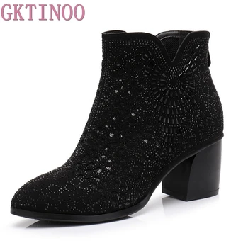 

GKTINOO 2019 Spring Autumn Women Ankle Boots Crystal High Heels Boots Pointed Toe Thick Heel Short Boots Women's Shoes Big Size