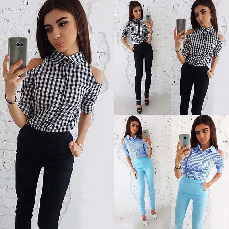 Blusa a cuadros de moda para mujer 2018 nueva camisa Casual de manga larga con botones S y camisas| - AliExpress
