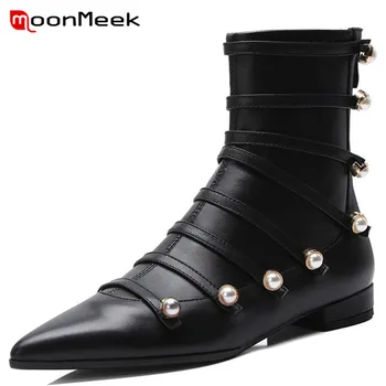 

MoonMeek high quality autumn winter classic black ladies boots hot sale pointed toe ankle boots casual genuine leather boots