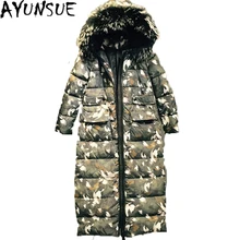 AYUNSUE, Европейский, американский камуфляж, плотное пальто, женский зимний пуховик, до колена, свободный, теплый, белый, утиный пух, пальто, ST243