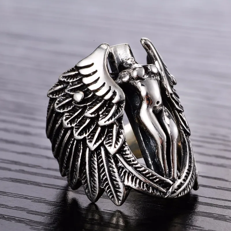 925 Sterling Silver Angel Wings Ring for Men Women Elegant Angle Modeling Thai Vintage Retro Charm Jewelry for Christian Holy