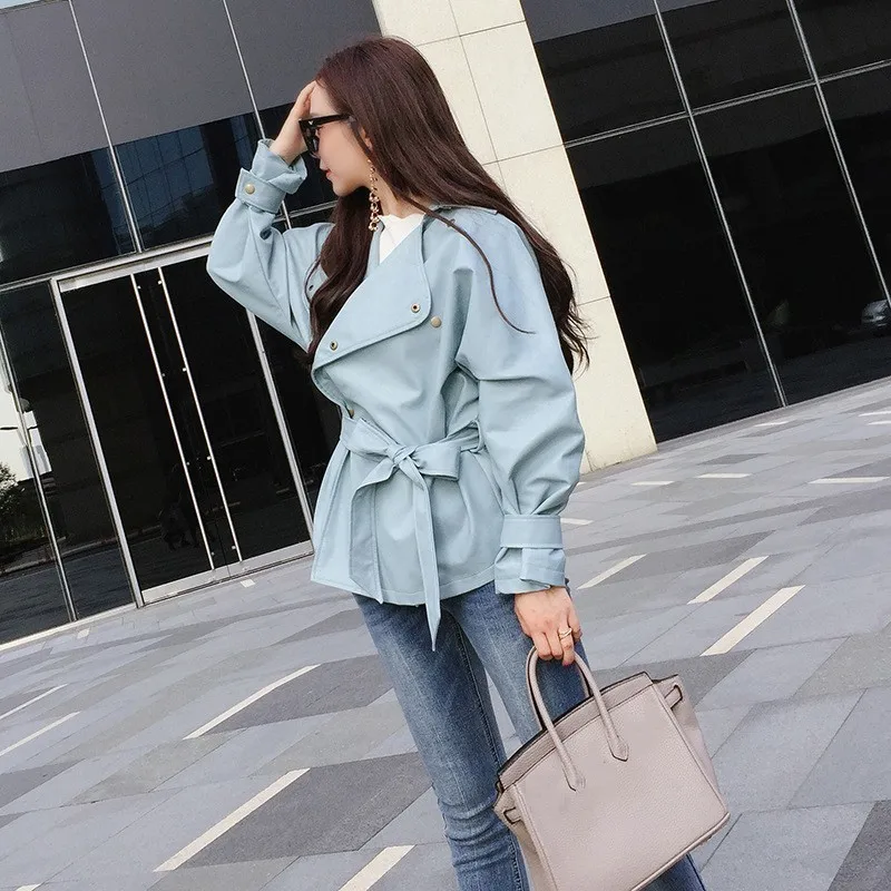 [EAM] 2019 New Spring Solid Color PU Leather Coat Slim Short Lace Up Shrink Waist Jacket Women Fashion Tide LA940
