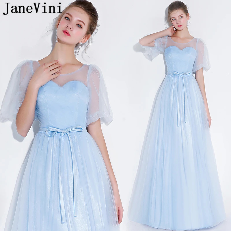 light blue long sleeve bridesmaid dress