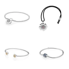 4 стиля, 925 пробы, серебряные амулеты, базовые браслеты для женщин, цветок, круглая пробка, бусина, основная цепочка для самодельных бусин, Шарм