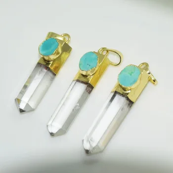 

Natural Clear Crystal Quartz Hexagonal Pendant for Necklace 6 Face Column Green Turquoises Gold Cap stone pendant for women 2019