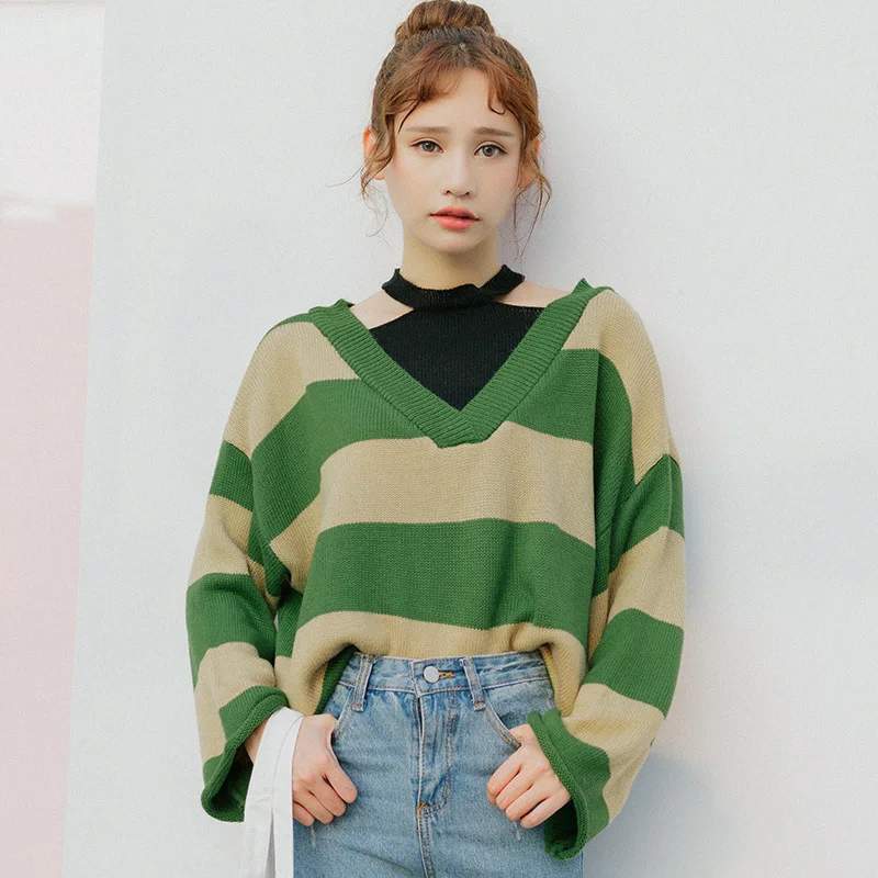 

Female Korean Kawaii Cute Retro Casual Loose Striped Sweater Women's Sweaters Punk Japanese Harajuku Ulzzang Clothing For Women