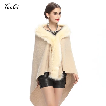 

New Spring Women's Long Cardigans Fake Fox Fur Collar Cashmere Beige Sweaters triangle Shawl Knitted Cardigan Poncho Cape