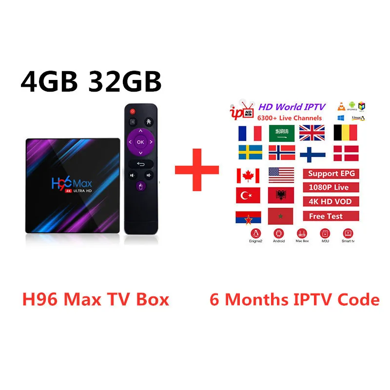 Умная iptv-приставка+ H96 Max Rockchip RK3318 4 K HD USB3.0 H.265 Google Play IP онлайн ТВ приставка 2,4G& 5G Wifi BT4.0 медиаплеер - Цвет: 4G32G(6 month IPTV)