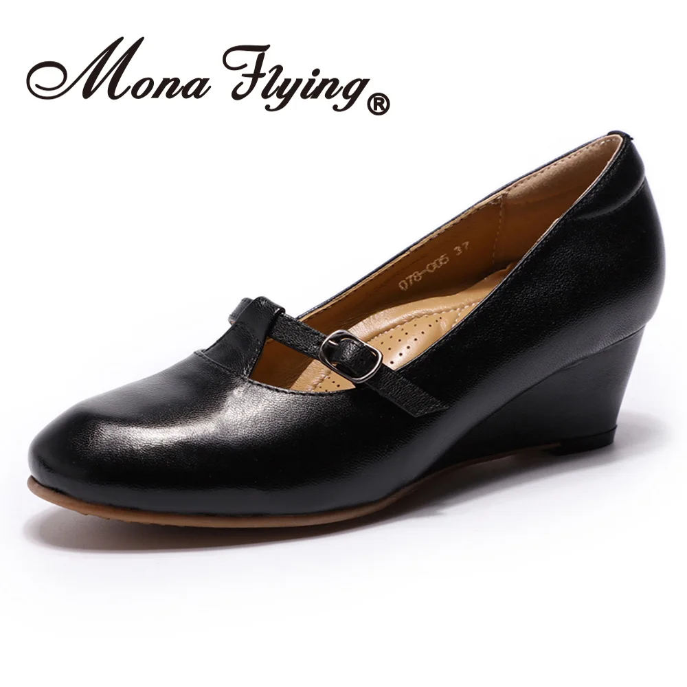 Mona Flying/женские туфли-лодочки на танкетке из натуральной кожи; модельные туфли ручной работы с круглым носком на высоком каблуке для женщин; 078-A05 - Цвет: Black-005