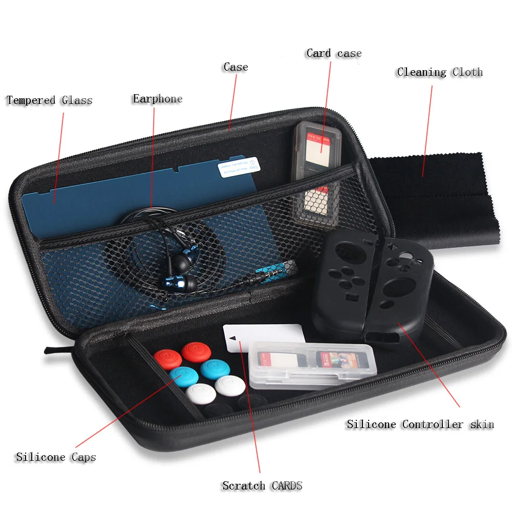 

13 in 1 kit Stereo Ear Buds, Cleaning Cloth, Screen Protector, Case, Silicone Controller skin and caps for Nitendo Switch