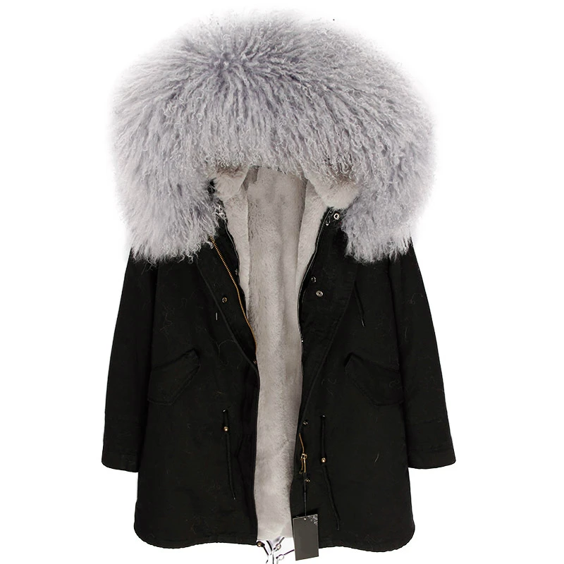 OFBUT winter jacket women real fur coat long parka natural Mongolia Sheep Fur collar hood thick warm streetwear brand new - Цвет: black grey