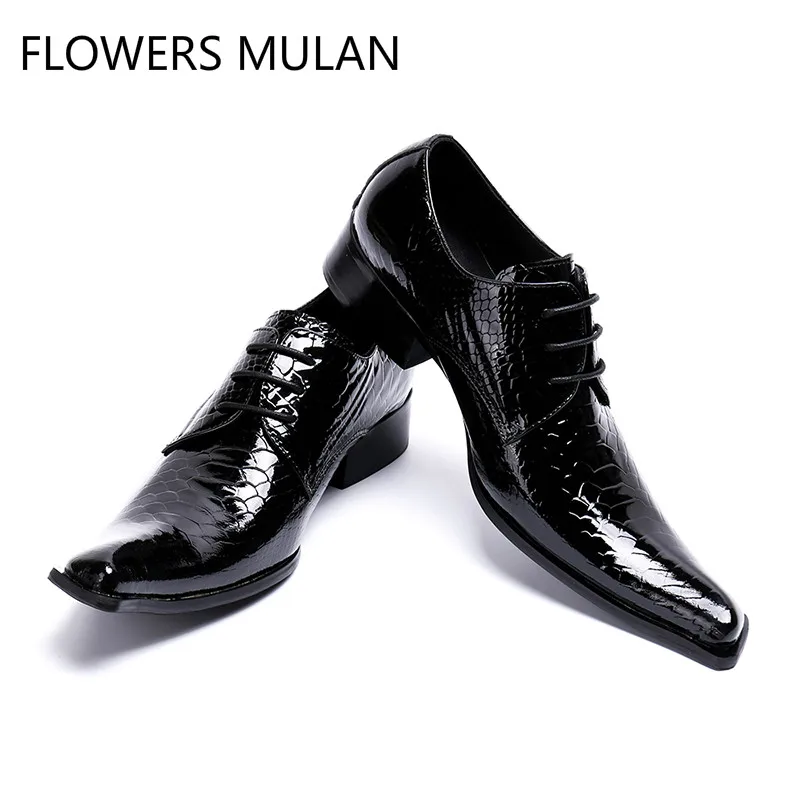 

Luxury Black Genuine Leather Fish Pattern Men Dress Shoes Pointed Toe Lace Up Dress Shoes Chunky Heel Male Business Wedding Shoe