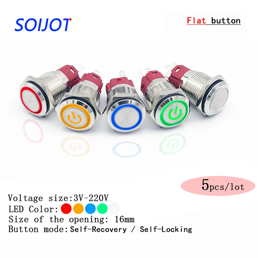 

5pcs/lot 16mm Metal Push Button Switch Flat Head Ring/Power LOGO 3-220V Self-reset Momentary/locking Waterproof Car Auto Eng