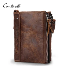 CONTACT’S HOT Genuine Crazy Horse Cowhide Leather Men Wallet Short Coin Purse Small Vintage Wallet Brand High Quality Designer